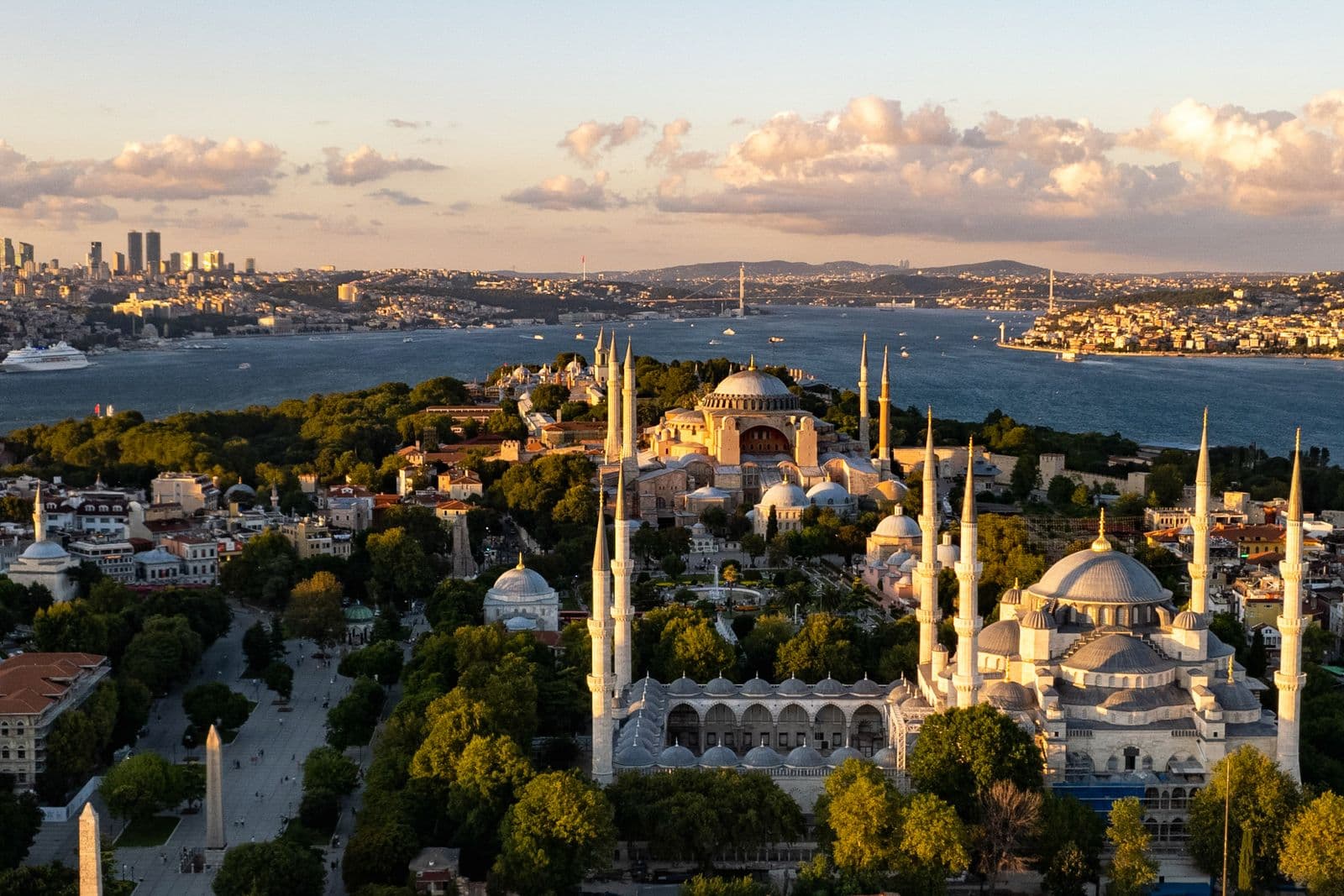 Istanbul's historic peninsula with the Blue Mosque and the Bosphorus at sunset